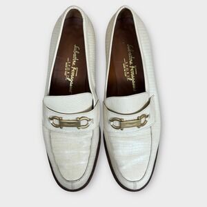 VTG Salvatore Ferragamo Off White Embossed Leather Horse Bit Loafer Shoes 7.5B‎